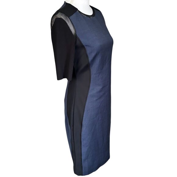 Elie Tahari Wool Blend Colorblock Sheath Dress Blue Black Mesh Trim Size 4 - Picture 3 of 9